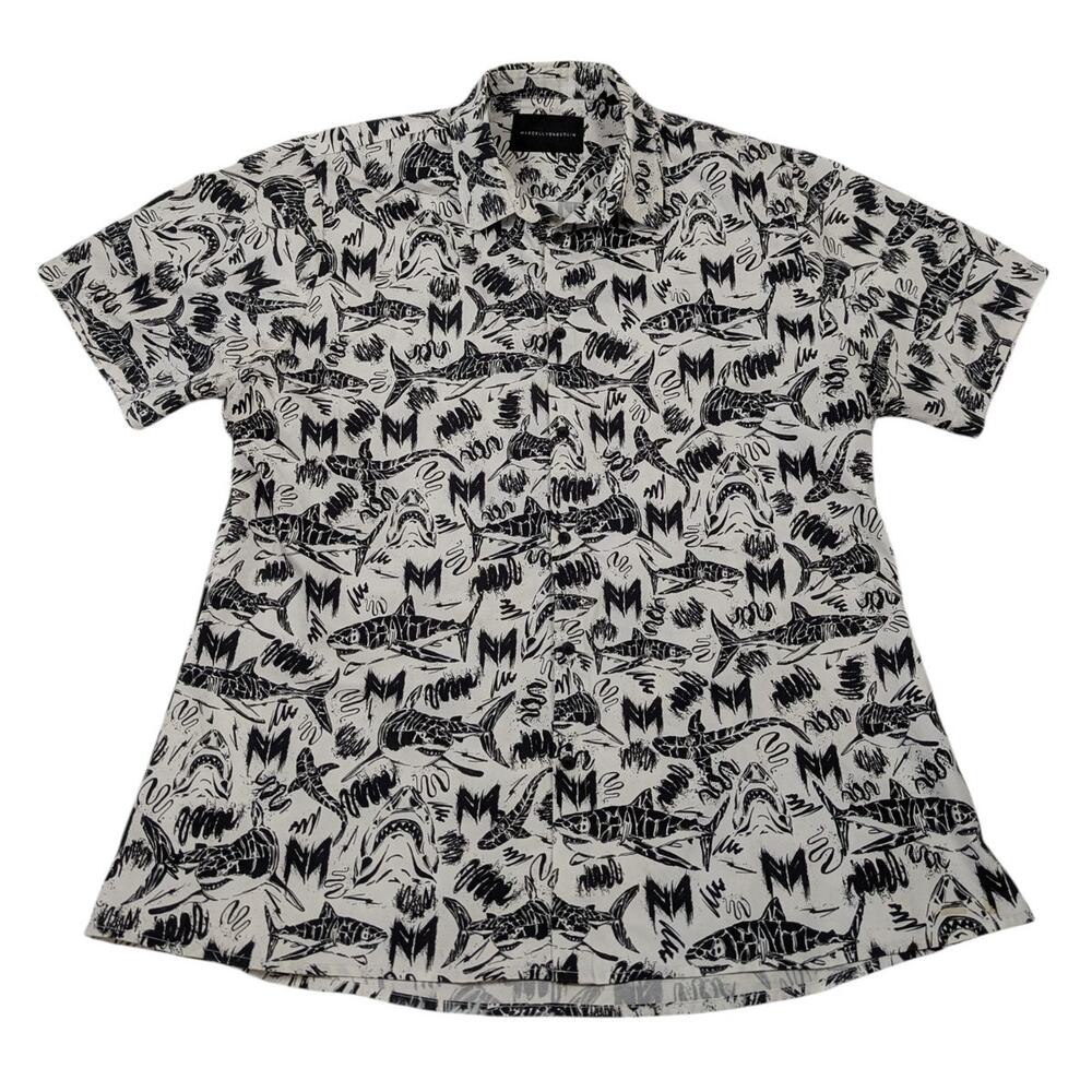Marcel Von Berlin Shark Print Shirt Black White Novelty Resort Button Up 42